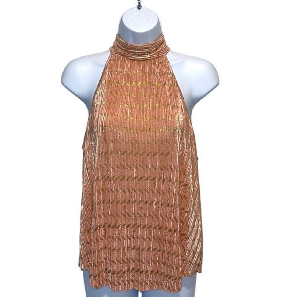 By Anthropologie Womens Vickie Shimmering Pleated‎ Halter Top Peach Gold Small